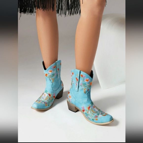 Balajoy 7.5 Blue Cowgirl Embroidery Ankle Boots Floral Western Boho Slipon Comfy - Picture 5 of 16